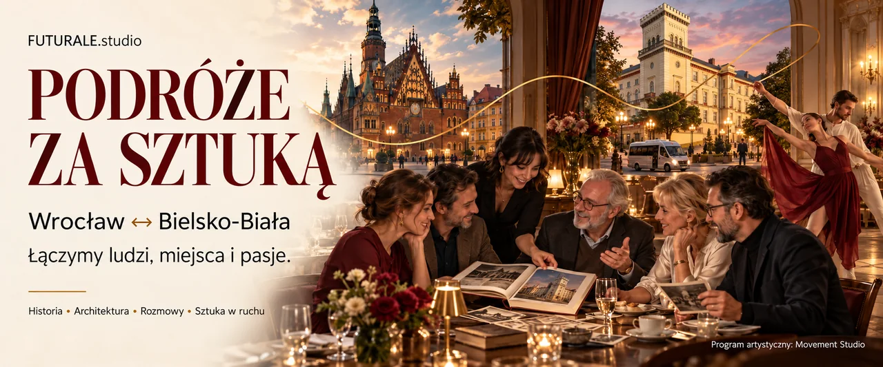 Baner pilotażu z ratuszem Wrocławia, Zamkiem Sułkowskich w Bielsku-Białej, rozmową pasjonatów i tańcem.